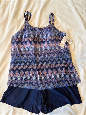 Blue & Pink Patterned Tankini Top with Navy Swim Shorts